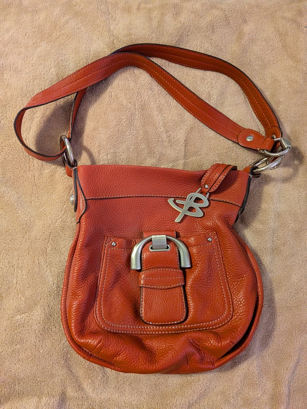B Makowsky Leather Crossbody Bag in Burnt Orange with Silver Hardware